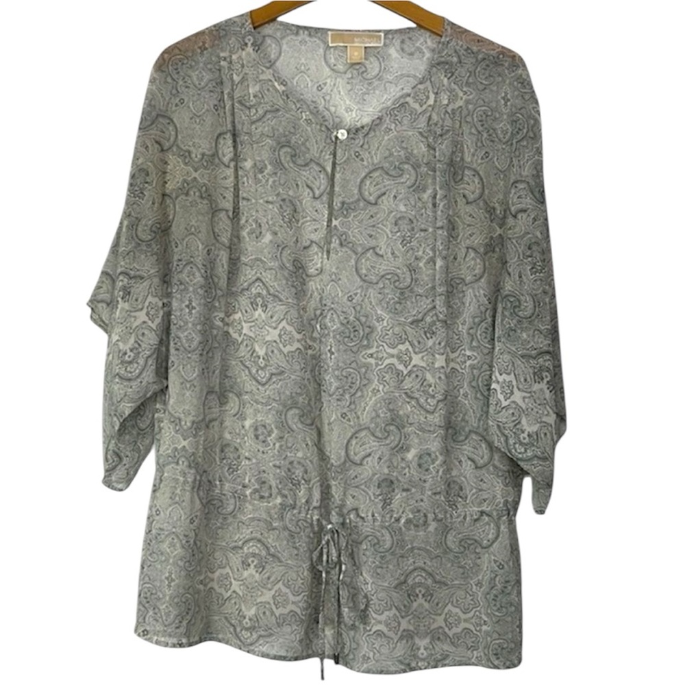 Michael Michael Kors Sheer Paisley Floral Tunic Blouse Waist Tie Keyhole Size M